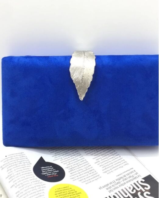 blue suede clutch bag with clasp