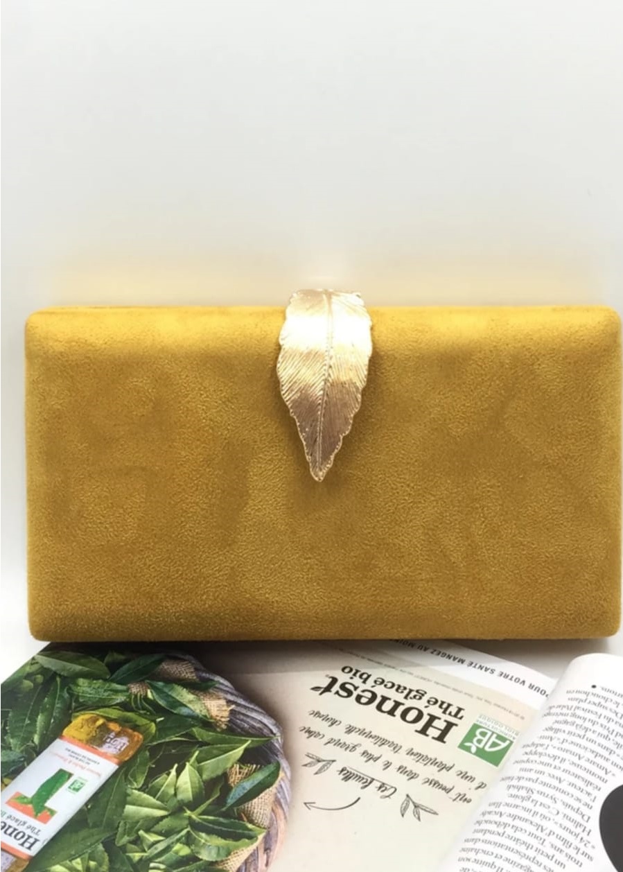 suede clutch bag with clasp mustard