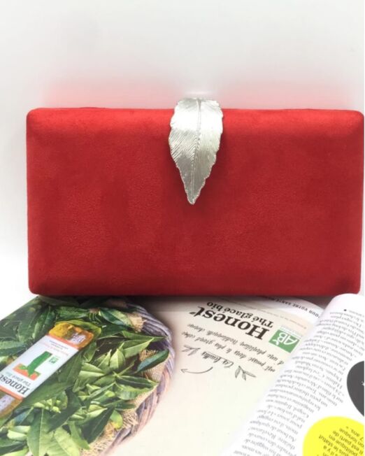 red suede clutch bag with clasp