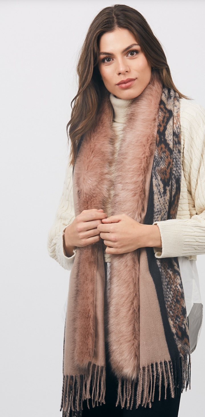 Alicia scarf /wrap Blush Patterned  large scarf wrap with fur collar