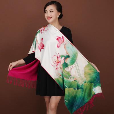 Water lily cashmere lined scarf  fuschia / green