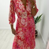 Pleat dress v neck pink /white