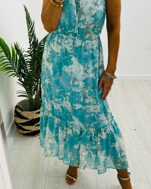 Flower collar dress Aqua multi