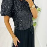 Sequin top with puff sleeve black