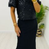 Sequin top with puff sleeve black
