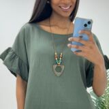 Linen style top with necklace green