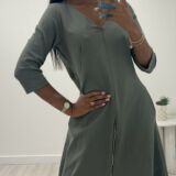 V neck dress zip details and pockets khaki green