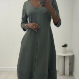 V neck dress zip details and pockets khaki green