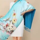 Silk and cashmere  blues with bird and flowers