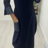 Long faux leather trim dress navy