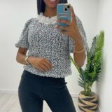 Flower trim sequin top grey and white