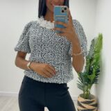 Flower trim sequin top grey and white