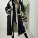 Collarless faux shearling coat