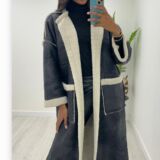 Collarless faux shearling coat