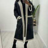 Collarless faux shearling coat