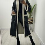 Collarless faux shearling coat