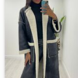 Collarless faux shearling coat