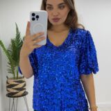 Sequinned top belle sleeve royal blue