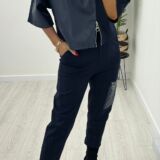 Faux leather and zip trim top navy