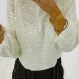 Long sleeve sequin top cream glitter