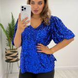 Sequinned top belle sleeve royal blue