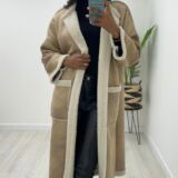 Collarless faux shearling coat latte