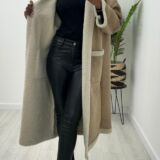 Collarless faux shearling coat latte