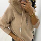 fur trimmed hooded knit camel