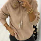 fur trimmed hooded knit camel