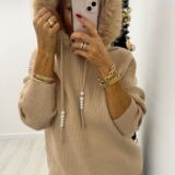 fur trimmed hooded knit camel