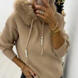 fur trimmed hooded knit camel