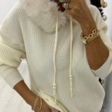 fur trimmed hooded knit white